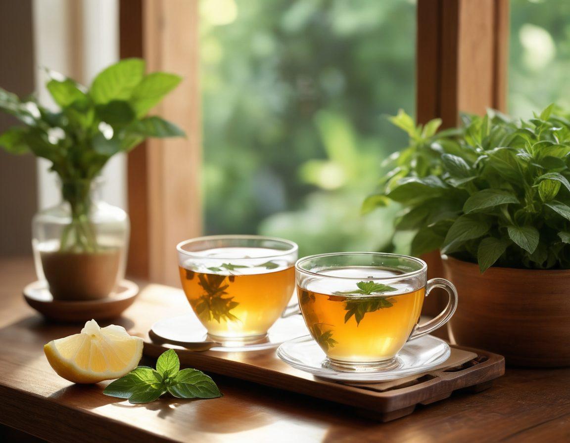 A serene tea setting featuring a steaming cup of herbal tea surrounded by fresh mint leaves, jasmine flowers, and a slice of lemon, all placed on a delicate wooden table. Soft morning light filters through the window, creating a tranquil atmosphere with hints of green plants in the background. The scene captures the essence of relaxation and refreshment. super-realistic. warm colors. soft focus.