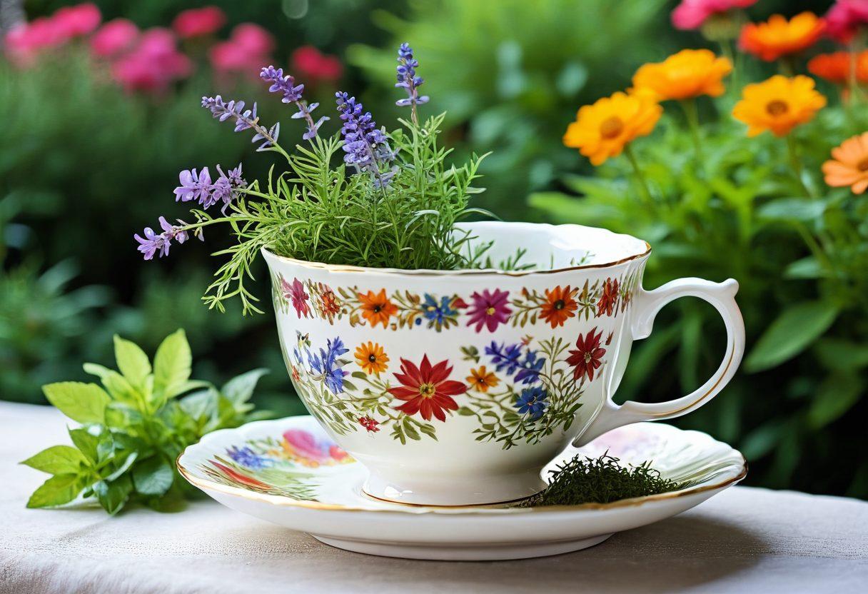 A peaceful teacup surrounded by an array of vibrant herbal infusions, with cascading herbs and flowers artistically placed around it. Soft, warm lighting creates a serene atmosphere, highlighting the rich colors of each infusion. In the background, a glimpse of a tranquil garden adds to the calming vibe. super-realistic. vibrant colors. soft focus.